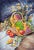 Vintage Bountiful Fruit & Flowers Still Life Watercolor Painting For Sale