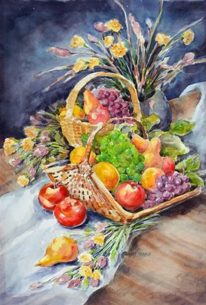 Vintage Bountiful Fruit & Flowers Still Life Watercolor Painting