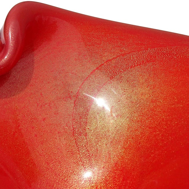 Murano Murano Vintage Persimmon Orange Gold Flecks Italian Art Glass Flared Rim Decorative Center Bowl For Sale - Image 4 of 9
