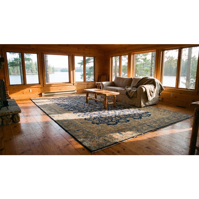 Textile 1920s Blue Navy Geometric Antique s.e. Persian Kirman Rug 11'10" X 23'10 Handkknotted Wool Carpet For Sale - Image 7 of 9
