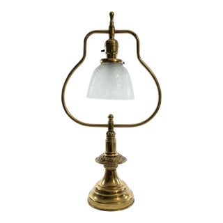 Vintage Neoclassical Brass Lyre Table Lamp With Frosted Floral Glass Shade For Sale