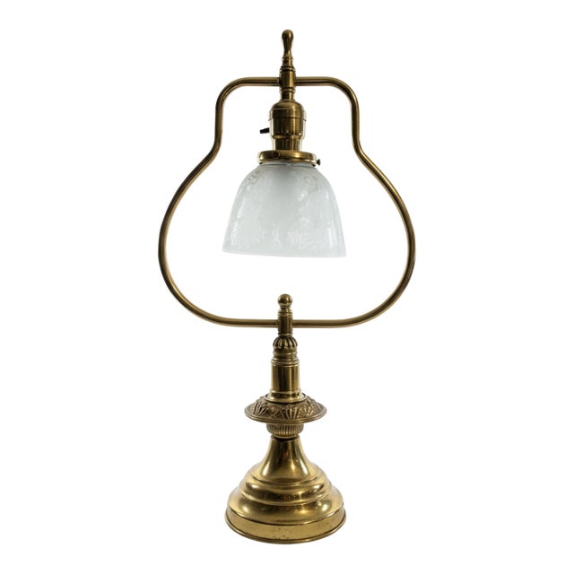 Vintage Neoclassical Brass Lyre Table Lamp With Frosted Floral Glass Shade For Sale