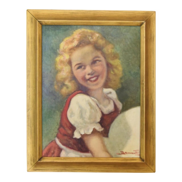 Young Blonde Girl Portrait in Red & White Dress Oil Painting W/ Original Wood Frame For Sale