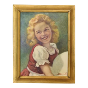 Young Blonde Girl Portrait in Red & White Dress Oil Painting W/ Original Wood Frame
