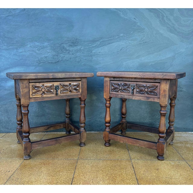 1940s Pair of Spanish Rustic Bedside Tables With Carved Drawers, Mid-20th Century For Sale - Image 5 of 11