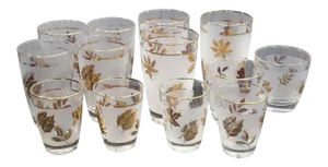 Vintage Midcentury Libbey Frosted and Golden Foliage Cocktail Glasses - Set of 13