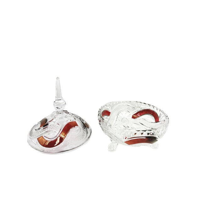 Vintage Clear & Red Overlay Cut Glass Covered Candy Dish For Sale - Image 6 of 8