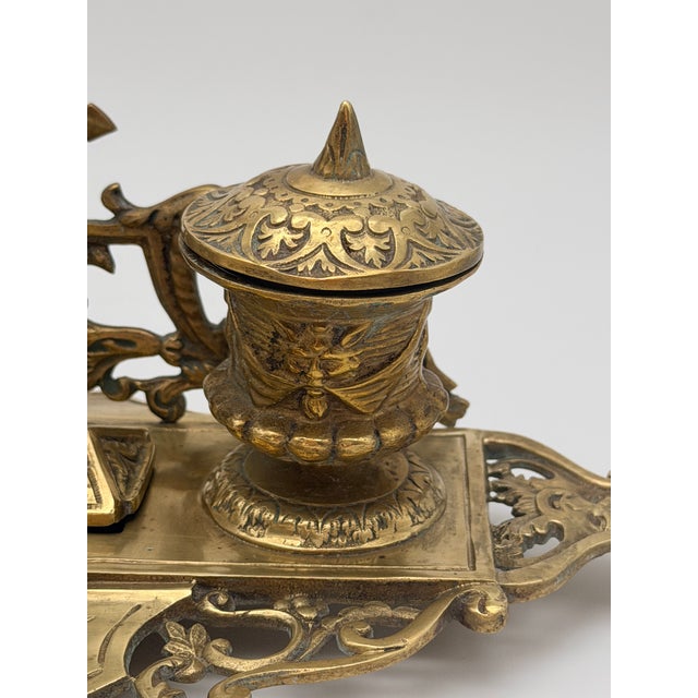 Vintage Ornate Baroque Revival Cast Brass Double Inkwell Desk Set With Porcelain Liners For Sale - Image 9 of 17