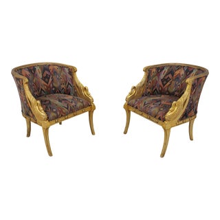 Pair Neoclassical Gold Gilt Swan Carved Barrel Chairs For Sale