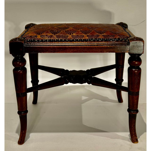 Antique English Hardwood Footstool, Aesthetic Movement Embossed Leather Circa 1880 For Sale - Image 4 of 13