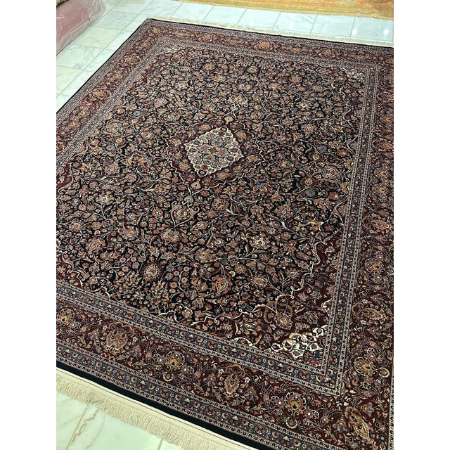 Silk Hereke Rug | Rich Floral Design | Navy Blue | 7'5"x8'10" For Sale In Los Angeles - Image 6 of 8