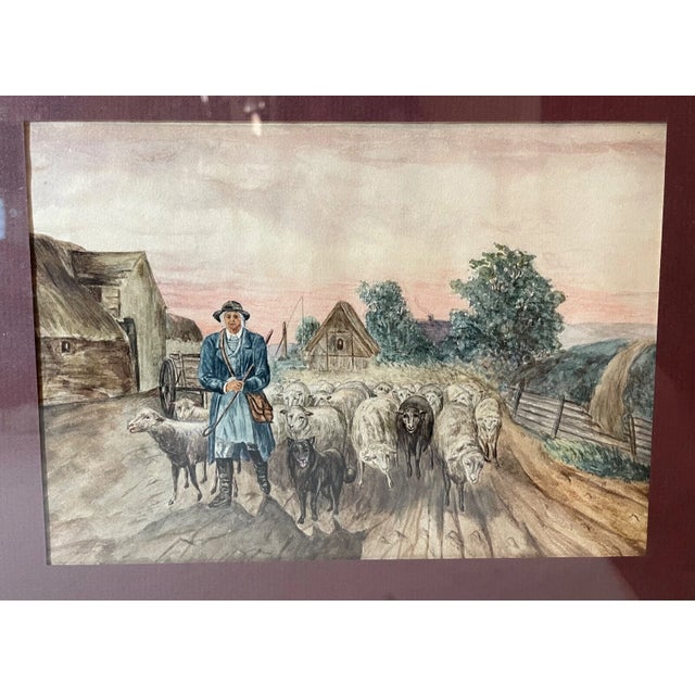 Up for sale is a wonderful vintage original sheep herder watercolor on paper. It is done with a nice stylized approach...
