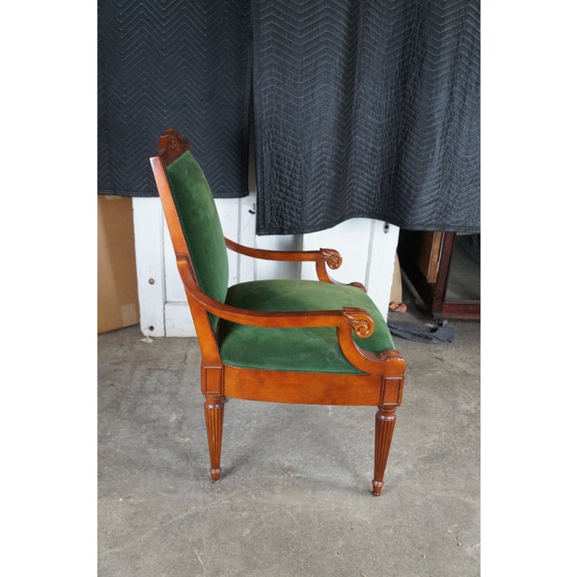 Late 20th Century Vintage French Empire Style Birch Upholstered Library Accent Arm Chair Green For Sale - Image 5 of 13