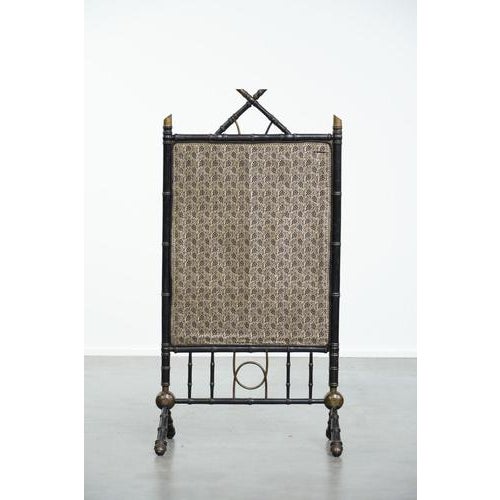 We present this elegant antique French faux bamboo fireplace screen with luxurious fabric and beautiful colors. How lovely...