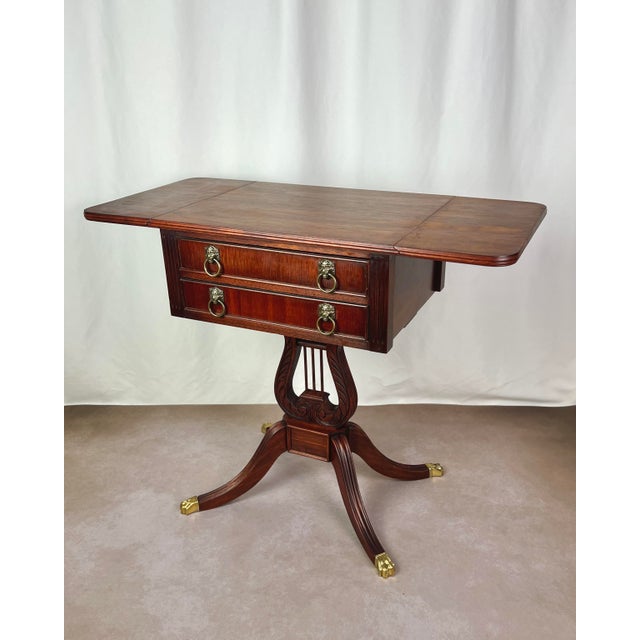 Early 20th Century Duncan Phyfe Revival Lyre Pedestal Mahogany Pembroke Side Table For Sale - Image 4 of 12