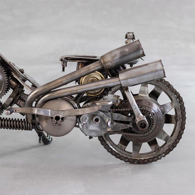 New Handcrafted Recycled Metal Motorbike Sculpture | 37" X 23" | One of a Kind For Sale - Image 9 of 10