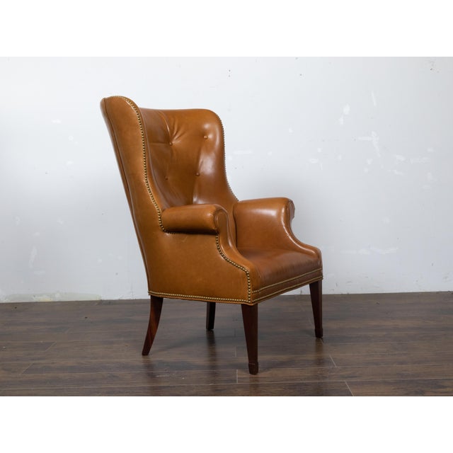 English Brown Leather Wingback Chair with Brass Nailhead Trim, circa 1930-1940 For Sale In Atlanta - Image 6 of 12