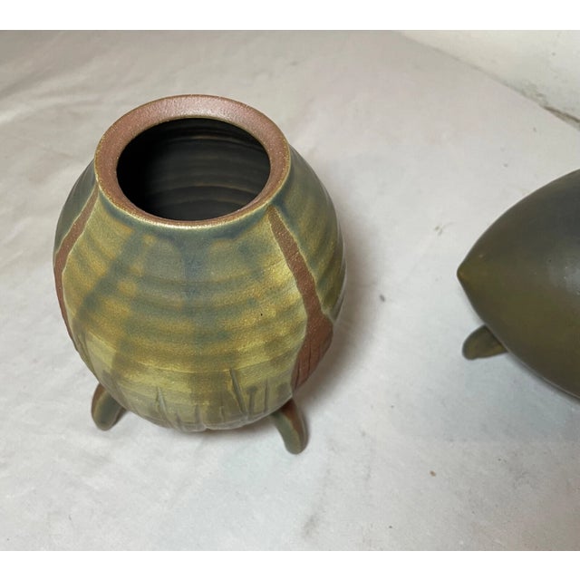 Antique Signed Japanese 3 Piece Studio Art Green Pottery Footed Vase Bowl Set For Sale - Image 12 of 18