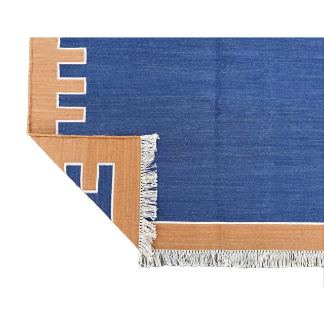 Casa Cosima Not Yet Made - Made To Order Handmade Cotton Vegetable Dyed Blue, Cream and Tan Zig Zag Striped Rug-4'x6' For Sale - Image 4 of 11