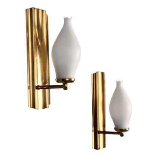 1960s Kurant, Norwegian Modern, Wall Lights, Brass, Opaline Glass For Sale