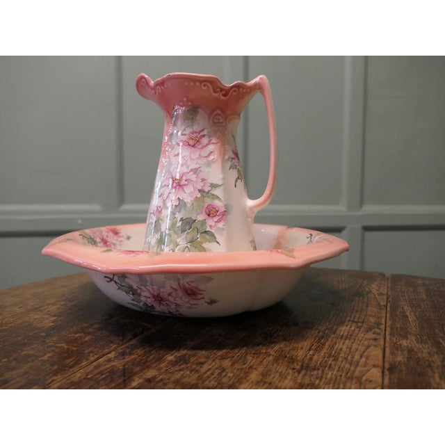 Ironstone Pitcher and Bowl Hand Painted, Pink Roses This attractive and colourful pair are both decorated with pink Roses...