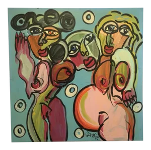 1980s Cubist Style Figurative Abstract Acrylic Painting by Peter Keil