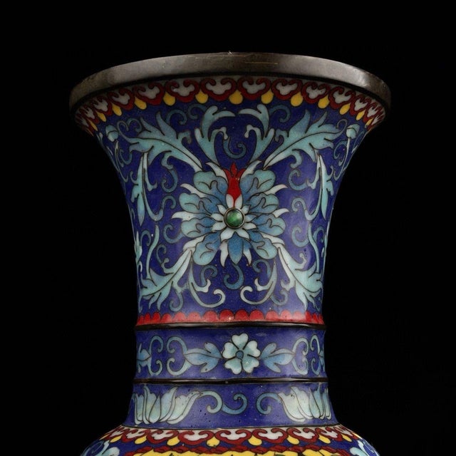 Chinese Pair of Chinese Cloisonné "Crane & Willow" Vases With Beast Handles - 15.8 LBS For Sale - Image 3 of 9