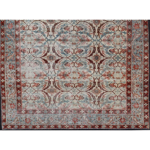 Tribal Antique Persian Tabriz Floral Circular Design in Ivory, Lt. Blue, Red, Brown 7'3 X 11'3 For Sale - Image 3 of 18