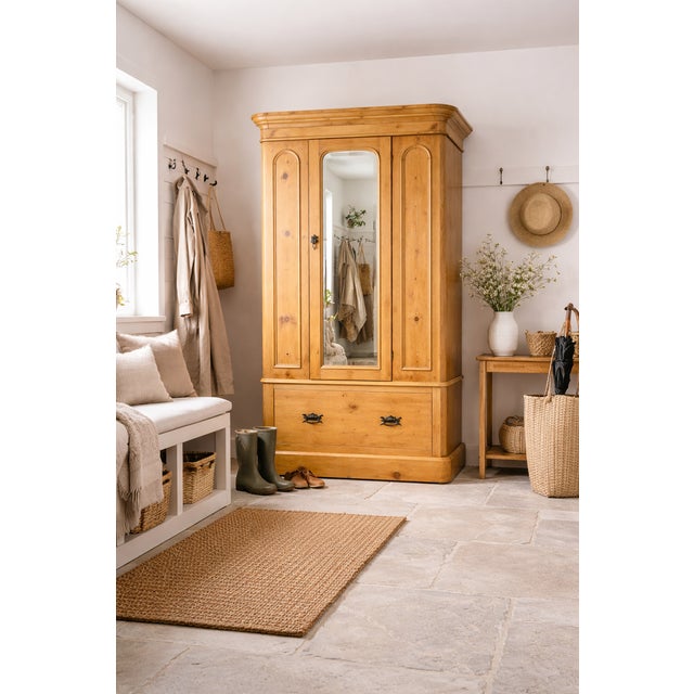 A beautifully proportioned antique pine hall cupboard wardrobe, dating to the late Victorian period, combining practical...