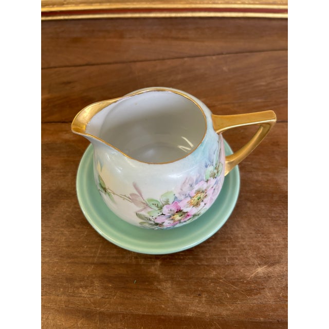 Vintage Hand-Painted Floral Creamer and Saucer Set With Gold Trim For Sale - Image 4 of 9