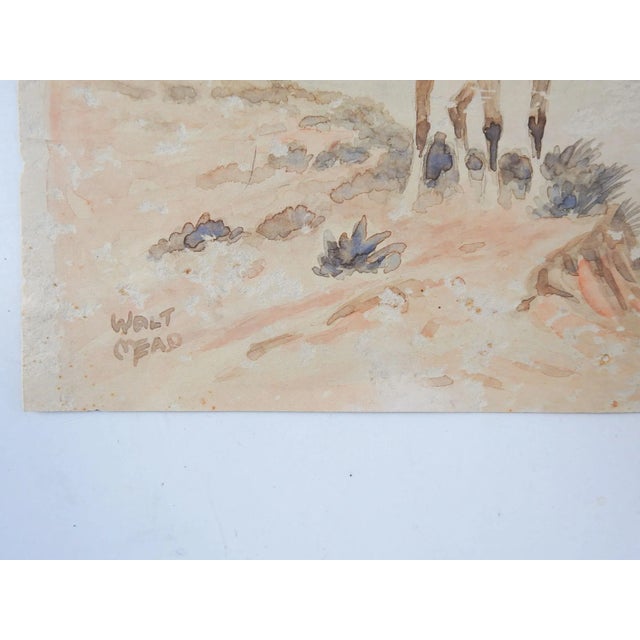 Vintage circa 1930's watercolor on paper painting of wild horses in rugged landscape. Paint stallion on a bluff with the...
