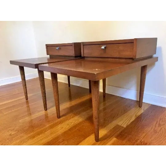 his beautiful pair of vintage modern end tables feature one large drawer with unique sculpted brass pulls. Quality...