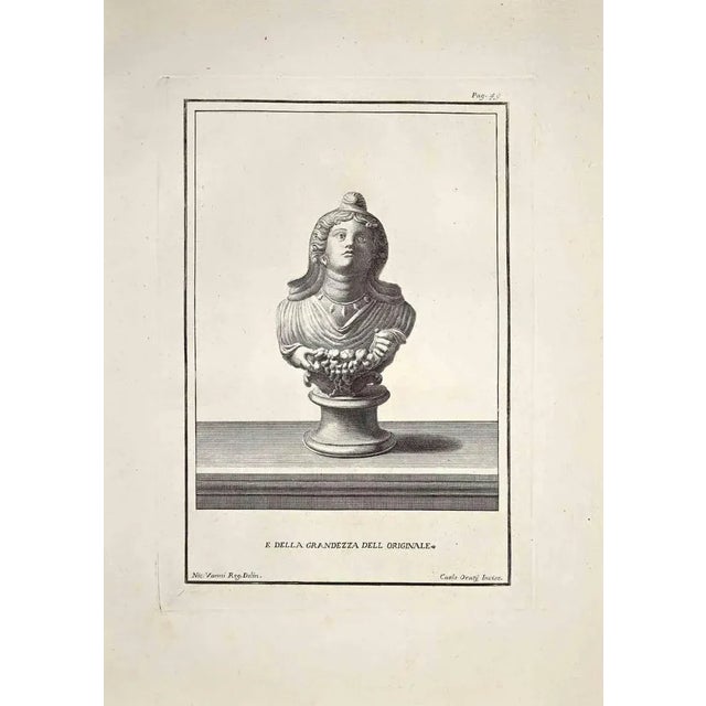 Ancient roman bust from ancient rome, from the series "antiquities of herculaneum exposed", is an original etching...
