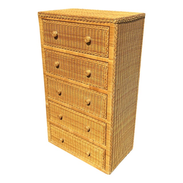 Vintage Wicker Tall Dresser or Chest of Drawers in Boho Chic Coastal Style For Sale