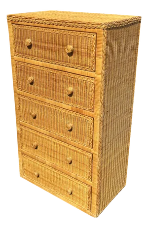 Vintage Wicker Tall Dresser or Chest of Drawers in Boho Chic Coastal Style