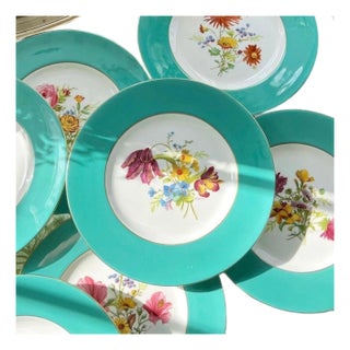 1940s Rare Set of Hand-Painted Minton Floral Dinner Plates With Aqua Band and Gilt Rim // Signed by Artist J Colclough // Set of 9 For Sale