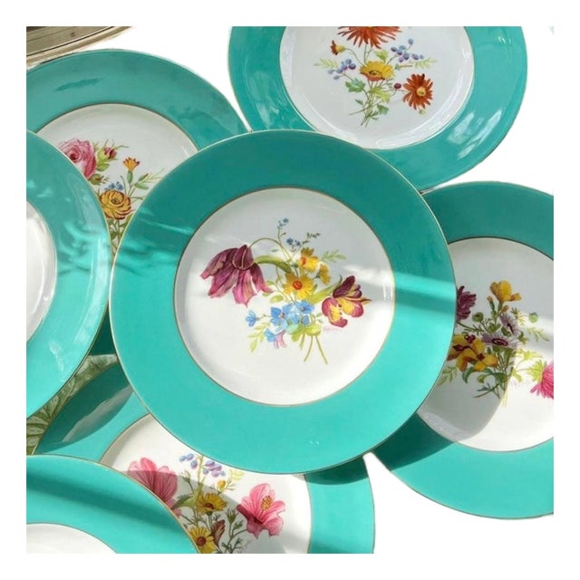 1940s Rare Set of Hand-Painted Minton Floral Dinner Plates With Aqua Band and Gilt Rim // Signed by Artist J Colclough // Set of 9 For Sale