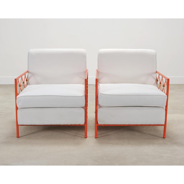 French Pair of French Maison Jean Orange Iron Lattice Lounge Chairs For Sale - Image 3 of 18