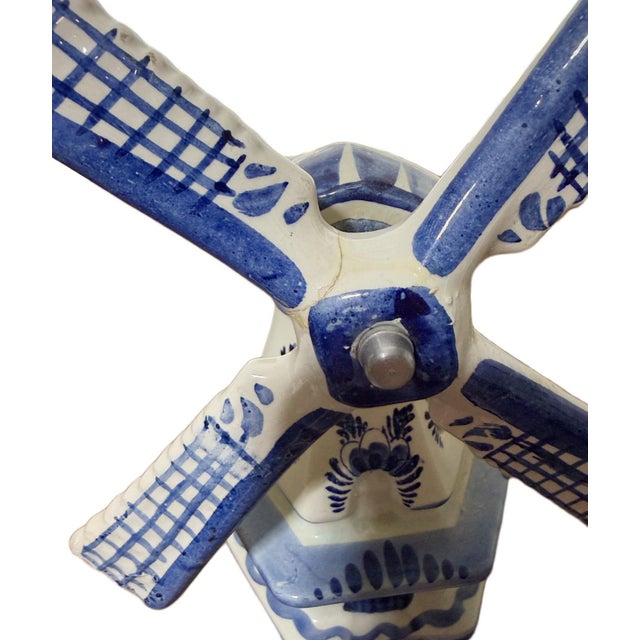 Ceramic Vintage Authentic Dutch Delft Blue Hand-Painted Porcelain Windmill Table Lamps - Made in Holland - a Pair For Sale - Image 7 of 7