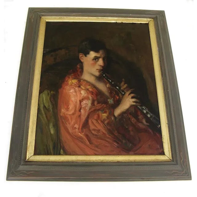 1910s 1910s "Woman Playing the Clarinet" Figurative Oil Painting by Antonio Barone, Framed For Sale - Image 5 of 5