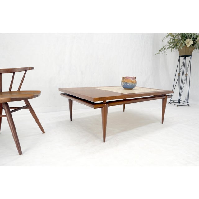 Floating Walnut Top Travertine Insert Tapered legs Rectangle Coffee Table For Sale - Image 9 of 10