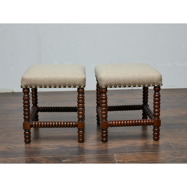 Pair of English 19th Century Hardwood Bobbin Stools with Linen Upholstery For Sale In Atlanta - Image 6 of 11