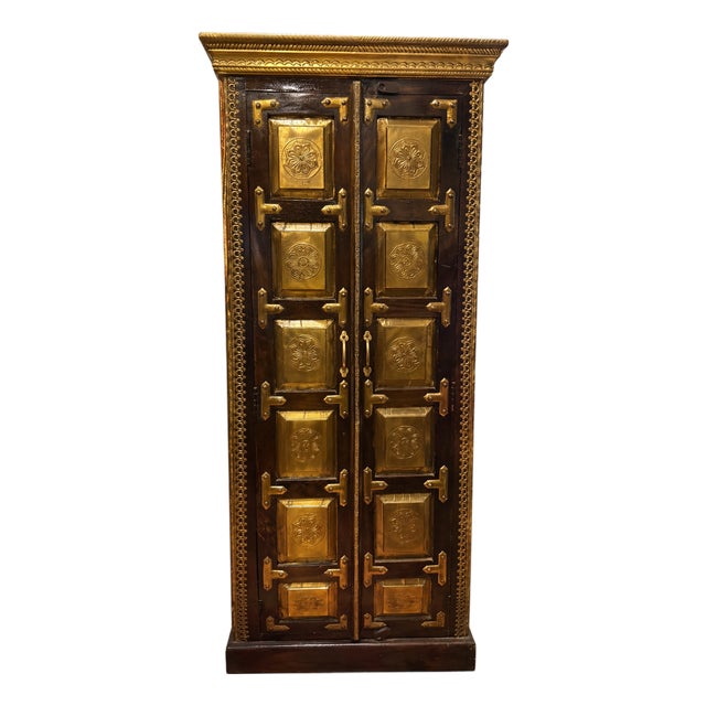 Vintage Brass-Inlay Wooden Cabinet, 1950s For Sale