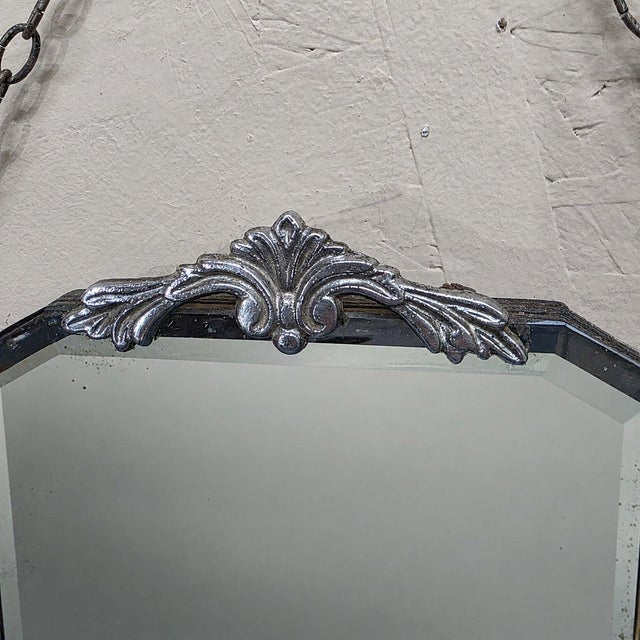 Art Deco Beveled Wall Mirror Chain Hung Foxed Glass Silver Crest 22 Inch For Sale - Image 6 of 11
