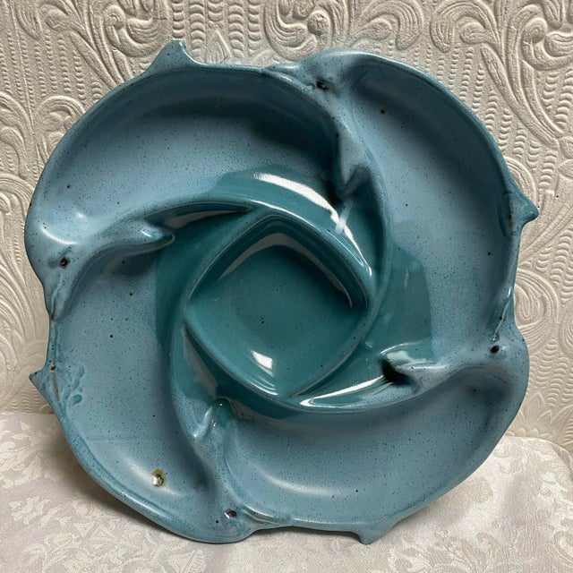 Vintage Tom Chamberlain Turquoise Dolphins Chip and Dip For Sale - Image 6 of 9