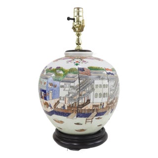 Chinese Export Porcelain Table Lamp With Canton Harbor Scene For Sale