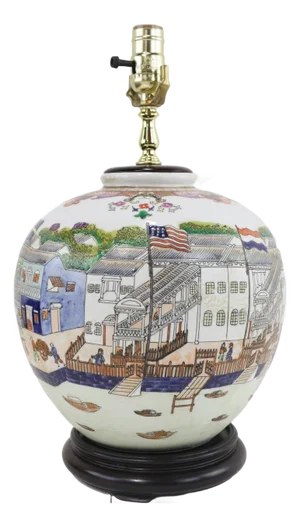 Chinese Export Porcelain Table Lamp With Canton Harbor Scene