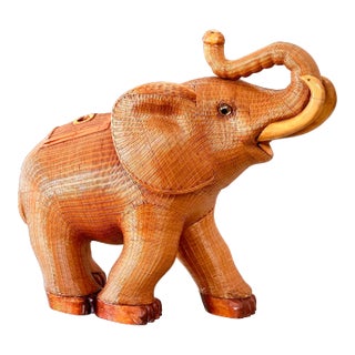 1960s Shanghai Handicrafts Collection Hand Woven Wicker Elephant Box For Sale