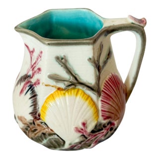 Antique Wedgwood Majolica Seashell Creamer Pitcher – Turquoise Interior, Victorian Seaweed Pattern (C. 1870s) For Sale