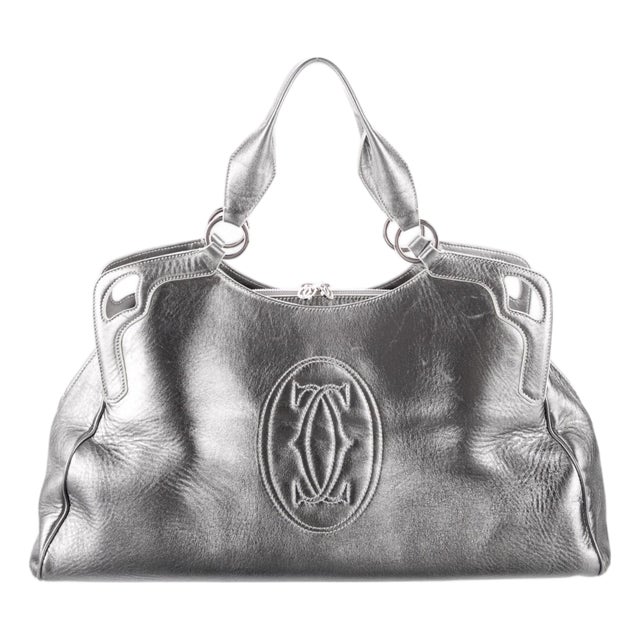 Cartier Marcello De Handbag Metallic Silver Leather Large Top Handle Bag Tote For Sale